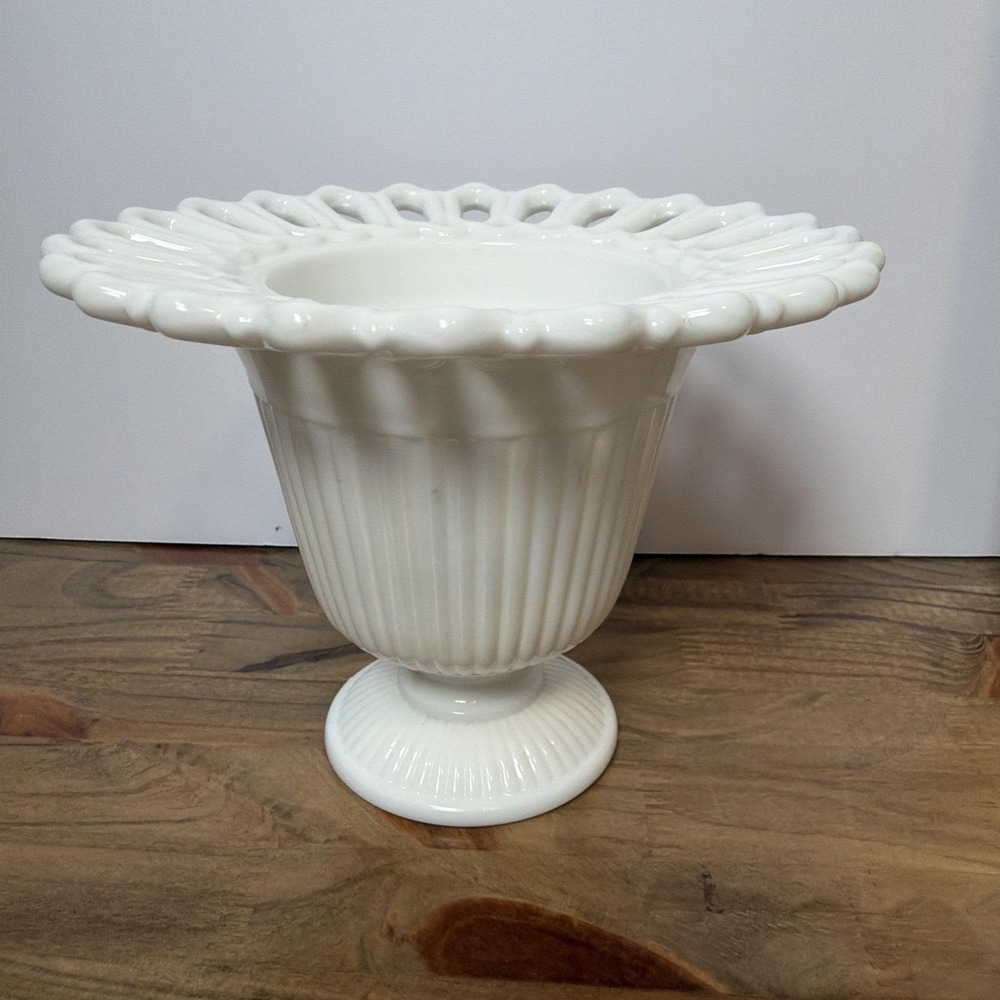 Vintage Milk Glass Pedestal Compote Vase Open Lace Rim Fluted Footed Bowl - Picture 5 of 8
